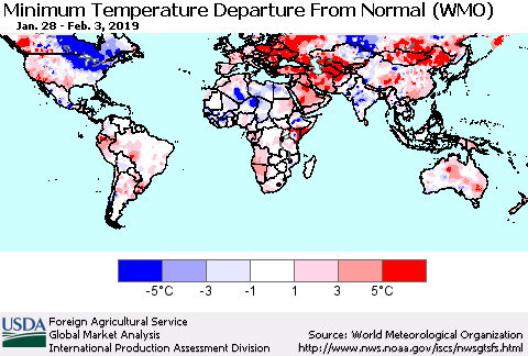 World Mean Minimum Temperature Departure from Normal (WMO) Thematic Map For 1/28/2019 - 2/3/2019