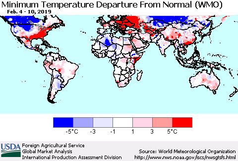 World Mean Minimum Temperature Departure from Normal (WMO) Thematic Map For 2/4/2019 - 2/10/2019