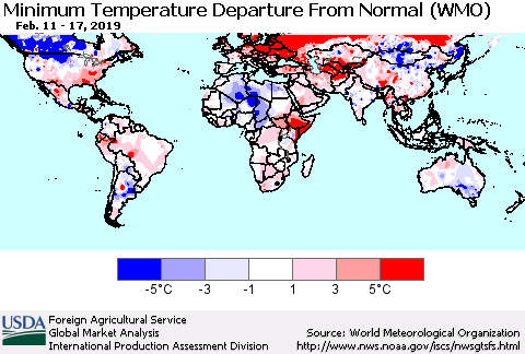 World Mean Minimum Temperature Departure from Normal (WMO) Thematic Map For 2/11/2019 - 2/17/2019