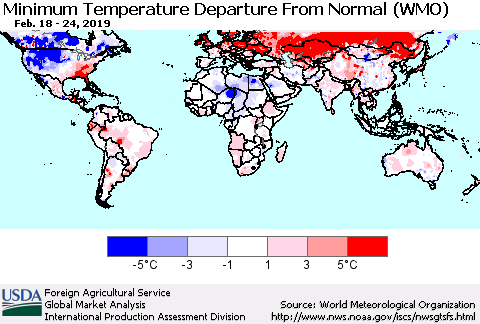 World Mean Minimum Temperature Departure from Normal (WMO) Thematic Map For 2/18/2019 - 2/24/2019