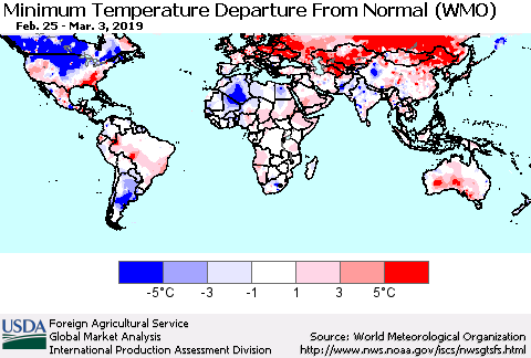 World Mean Minimum Temperature Departure from Normal (WMO) Thematic Map For 2/25/2019 - 3/3/2019