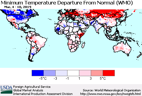World Mean Minimum Temperature Departure from Normal (WMO) Thematic Map For 3/4/2019 - 3/10/2019