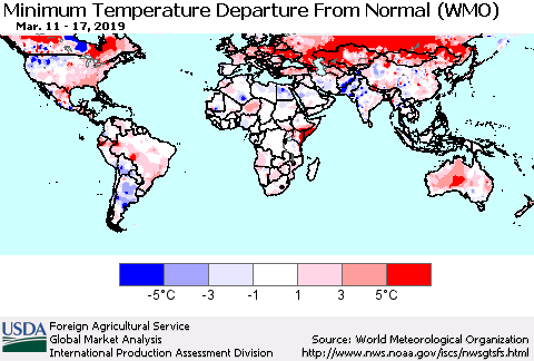 World Mean Minimum Temperature Departure from Normal (WMO) Thematic Map For 3/11/2019 - 3/17/2019