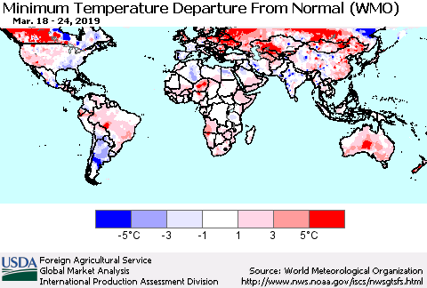 World Mean Minimum Temperature Departure from Normal (WMO) Thematic Map For 3/18/2019 - 3/24/2019