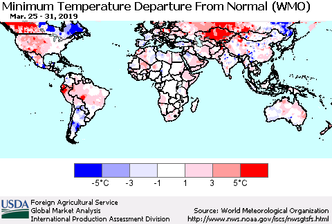 World Mean Minimum Temperature Departure from Normal (WMO) Thematic Map For 3/25/2019 - 3/31/2019