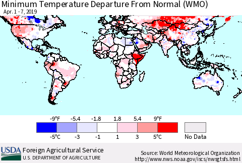 World Mean Minimum Temperature Departure from Normal (WMO) Thematic Map For 4/1/2019 - 4/7/2019