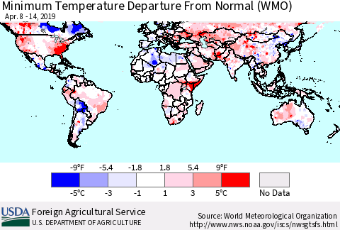 World Mean Minimum Temperature Departure from Normal (WMO) Thematic Map For 4/8/2019 - 4/14/2019