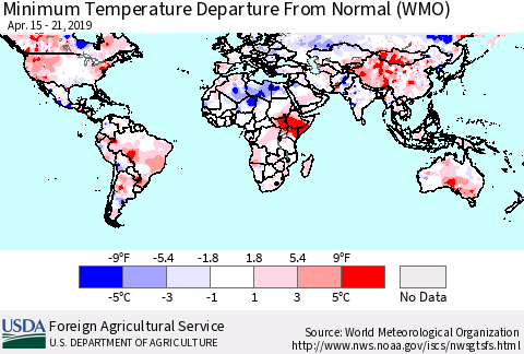 World Mean Minimum Temperature Departure from Normal (WMO) Thematic Map For 4/15/2019 - 4/21/2019