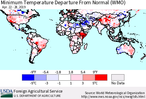 World Mean Minimum Temperature Departure from Normal (WMO) Thematic Map For 4/22/2019 - 4/28/2019