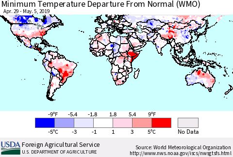 World Mean Minimum Temperature Departure from Normal (WMO) Thematic Map For 4/29/2019 - 5/5/2019