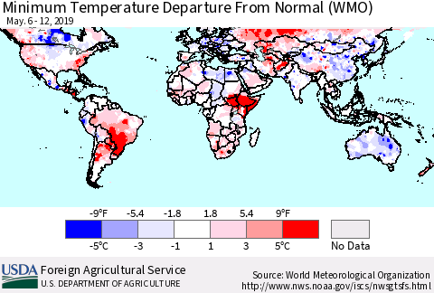 World Mean Minimum Temperature Departure from Normal (WMO) Thematic Map For 5/6/2019 - 5/12/2019