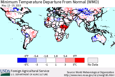 World Mean Minimum Temperature Departure from Normal (WMO) Thematic Map For 5/13/2019 - 5/19/2019