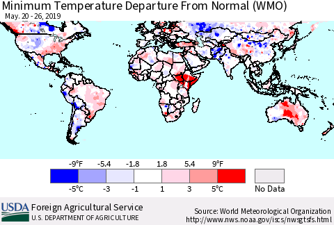 World Mean Minimum Temperature Departure from Normal (WMO) Thematic Map For 5/20/2019 - 5/26/2019