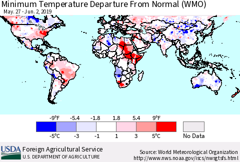 World Mean Minimum Temperature Departure from Normal (WMO) Thematic Map For 5/27/2019 - 6/2/2019