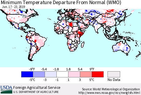 World Mean Minimum Temperature Departure from Normal (WMO) Thematic Map For 6/17/2019 - 6/23/2019