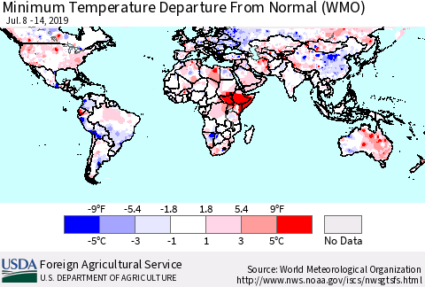 World Mean Minimum Temperature Departure from Normal (WMO) Thematic Map For 7/8/2019 - 7/14/2019