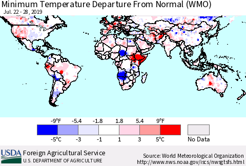 World Mean Minimum Temperature Departure from Normal (WMO) Thematic Map For 7/22/2019 - 7/28/2019