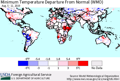 World Mean Minimum Temperature Departure from Normal (WMO) Thematic Map For 8/5/2019 - 8/11/2019
