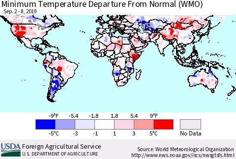 World Mean Minimum Temperature Departure from Normal (WMO) Thematic Map For 9/2/2019 - 9/8/2019
