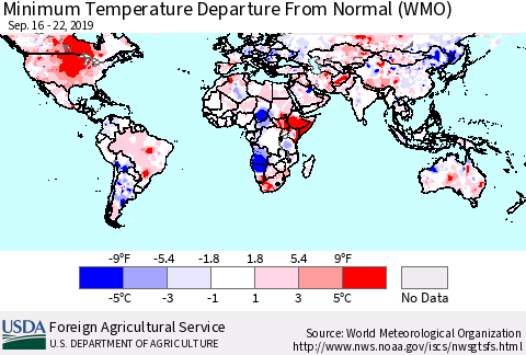 World Mean Minimum Temperature Departure from Normal (WMO) Thematic Map For 9/16/2019 - 9/22/2019