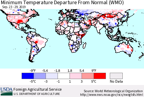 World Mean Minimum Temperature Departure from Normal (WMO) Thematic Map For 9/23/2019 - 9/29/2019