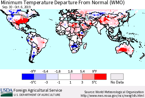World Mean Minimum Temperature Departure from Normal (WMO) Thematic Map For 9/30/2019 - 10/6/2019