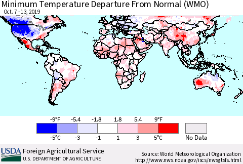 World Mean Minimum Temperature Departure from Normal (WMO) Thematic Map For 10/7/2019 - 10/13/2019