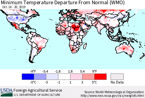 World Mean Minimum Temperature Departure from Normal (WMO) Thematic Map For 10/14/2019 - 10/20/2019