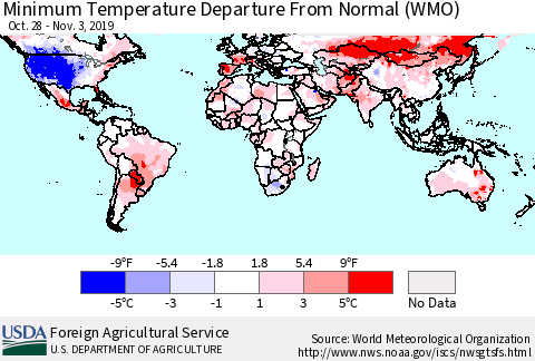 World Mean Minimum Temperature Departure from Normal (WMO) Thematic Map For 10/28/2019 - 11/3/2019