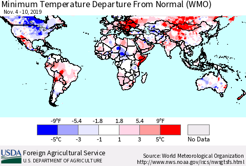 World Mean Minimum Temperature Departure from Normal (WMO) Thematic Map For 11/4/2019 - 11/10/2019