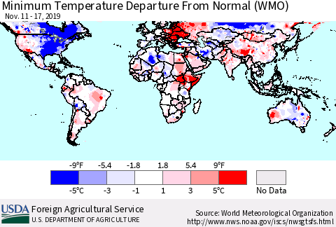 World Mean Minimum Temperature Departure from Normal (WMO) Thematic Map For 11/11/2019 - 11/17/2019