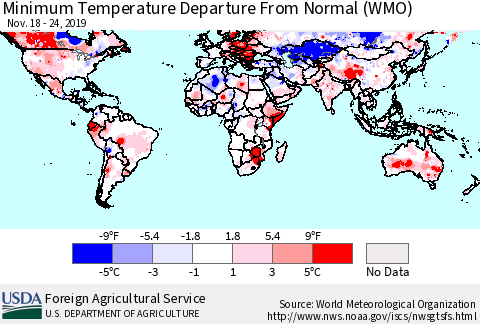 World Mean Minimum Temperature Departure from Normal (WMO) Thematic Map For 11/18/2019 - 11/24/2019