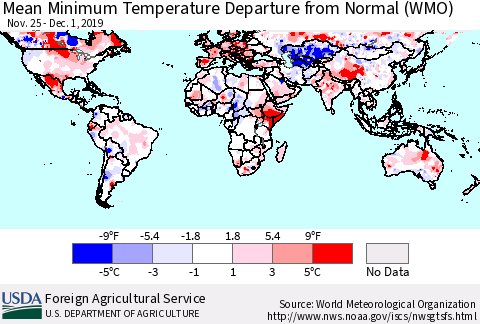 World Mean Minimum Temperature Departure from Normal (WMO) Thematic Map For 11/25/2019 - 12/1/2019