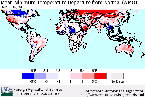 World Mean Minimum Temperature Departure from Normal (WMO) Thematic Map For 12/9/2019 - 12/15/2019