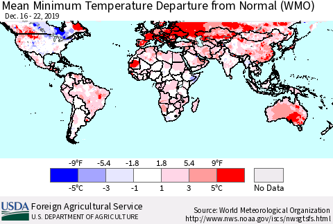 World Mean Minimum Temperature Departure from Normal (WMO) Thematic Map For 12/16/2019 - 12/22/2019