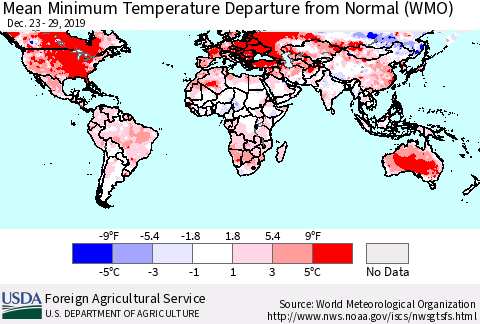 World Mean Minimum Temperature Departure from Normal (WMO) Thematic Map For 12/23/2019 - 12/29/2019