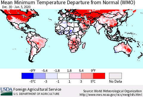 World Mean Minimum Temperature Departure from Normal (WMO) Thematic Map For 12/30/2019 - 1/5/2020