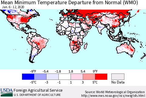 World Mean Minimum Temperature Departure from Normal (WMO) Thematic Map For 1/6/2020 - 1/12/2020