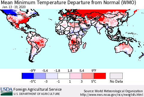 World Mean Minimum Temperature Departure from Normal (WMO) Thematic Map For 1/13/2020 - 1/19/2020