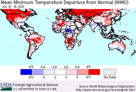 World Mean Minimum Temperature Departure from Normal (WMO) Thematic Map For 1/20/2020 - 1/26/2020