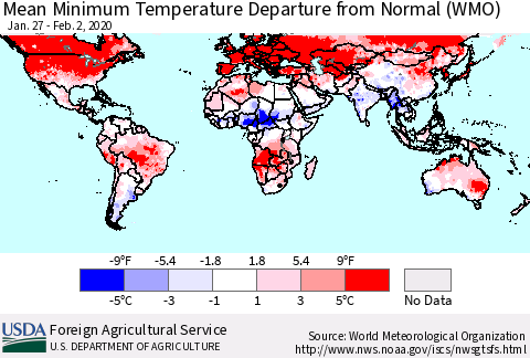 World Mean Minimum Temperature Departure from Normal (WMO) Thematic Map For 1/27/2020 - 2/2/2020
