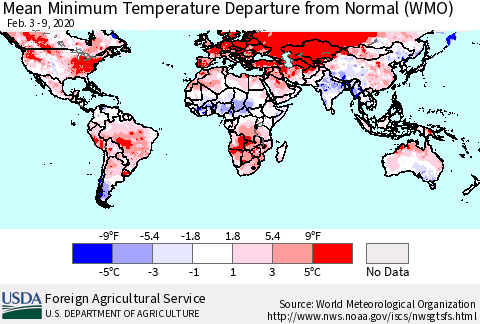 World Mean Minimum Temperature Departure from Normal (WMO) Thematic Map For 2/3/2020 - 2/9/2020
