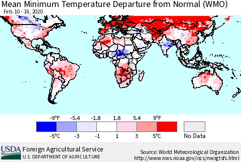 World Mean Minimum Temperature Departure from Normal (WMO) Thematic Map For 2/10/2020 - 2/16/2020