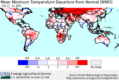 World Mean Minimum Temperature Departure from Normal (WMO) Thematic Map For 2/17/2020 - 2/23/2020