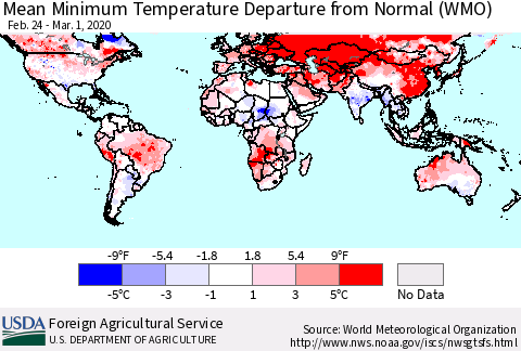 World Mean Minimum Temperature Departure from Normal (WMO) Thematic Map For 2/24/2020 - 3/1/2020