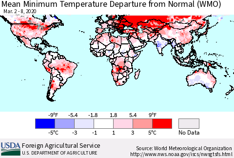 World Mean Minimum Temperature Departure from Normal (WMO) Thematic Map For 3/2/2020 - 3/8/2020