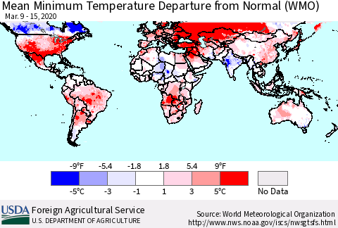 World Mean Minimum Temperature Departure from Normal (WMO) Thematic Map For 3/9/2020 - 3/15/2020