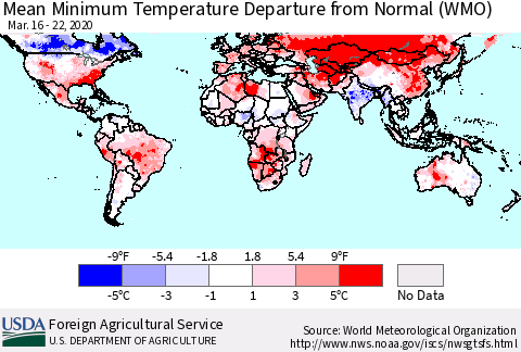 World Mean Minimum Temperature Departure from Normal (WMO) Thematic Map For 3/16/2020 - 3/22/2020
