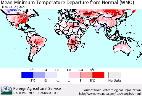 World Mean Minimum Temperature Departure from Normal (WMO) Thematic Map For 3/23/2020 - 3/29/2020
