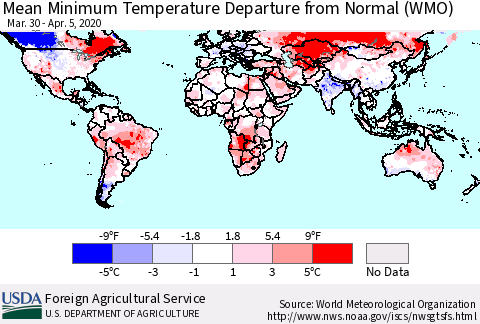 World Mean Minimum Temperature Departure from Normal (WMO) Thematic Map For 3/30/2020 - 4/5/2020